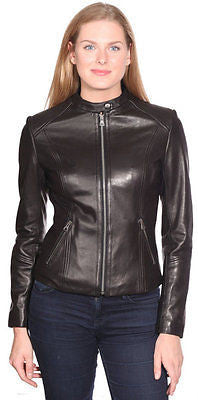 WOMEN'S GENUINE LEATHER JACKET W/CHINESE COLLAR BUTTER SOFT WITH FRONT ZIPPER 