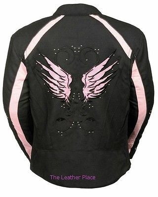 WOMEN'S MOTORCYCLE RIDING PINK TEXTILE JACKET W/ STUD & WINGS DETAILIN ...