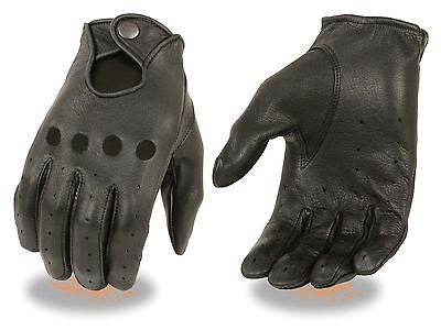 MEN'S PEFORATED UNLINED DRIVING GLOVES REAL LEATHER WITH SNAP CLOSE WRIST BLK 