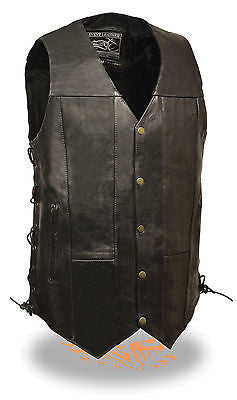 Men's Motorcycle Blk 10 Pocket Tall Extra 3" Long leather vest with 2 gun pockets 