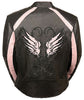 Women's Blk Pink Leather Jacket with studs and wings detailing back 