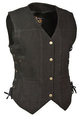 WOMEN'S MOTORCYCLE BLACK 6 POCKET DENIM VEST WITH SIDE LACES TWO GUN POCKETS