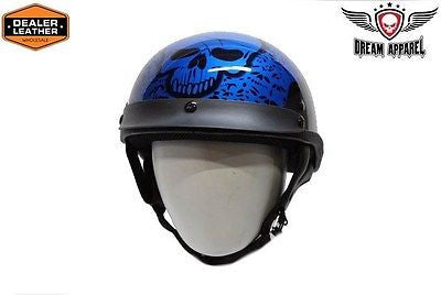 MOTORCYCLE BRAND NEW DOT APPROVED HALF HELMET WITH BONEYARD BLUE GRAPHIC NEW 