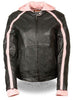 WOMEN'S STRIPED MOTORCYCLE SCOOTER LEATHER JACKET W/ REMOVABLE HOODIE BLK PINK 