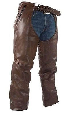 MEN'S MOTORCYCLE REMOVABLE LINER PANT BRN RETRO LEATHER CHAP WITH 3 POCKETS 