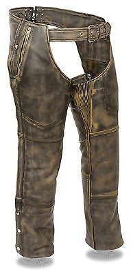 Motorcycle Men's Distressed brn Four pocket leather chap 