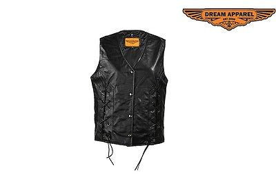 MOTORCYCLE MOTORBIKE LADIES LEATHER ZIPPER VEST WITH FRONT LACES W/2 GUN POCKETS 