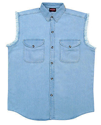 Men's Motorcycle Blue Cotton Cut off Shirt with Frayed Sleeves 