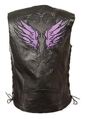 Women's purple leather vest with Studs wings back detailing w/gun pockets 