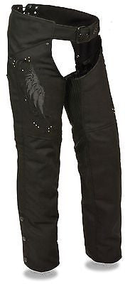 Motorcycle women's light weight blk textile chap with wing detail and rivet detailing 