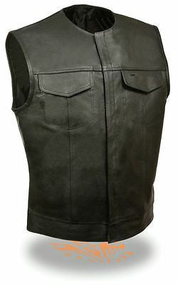 MEN'S SON OF ANARCHY LEATHER MOTORCYCLE COLLARLESS VEST 1 GUN POCKET 
