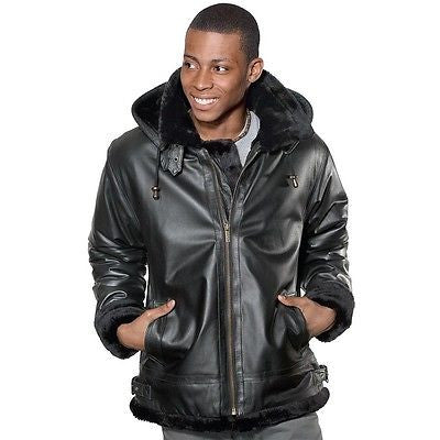 MEN'S BOMER FUR LINNING LEATHER JACKET WITH REMOVABLE HOOD VERY WARM FULLY LINED 