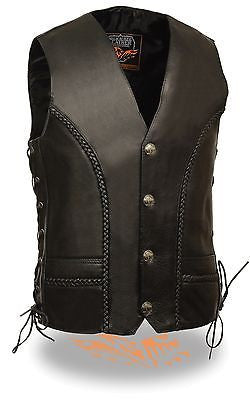 MEN'S MOTORCYCLE BRAIDED BUFFALO NICKLE BUTTONS LACE SIDE VEST 