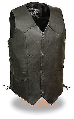 Men's Side lace plain leather vest with 4 total pockets 