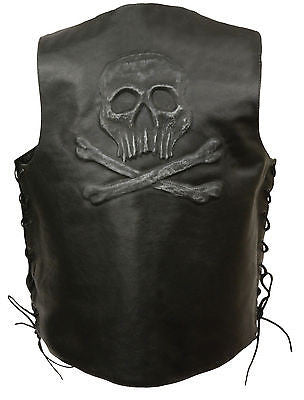 Men's Motorcycle Skull & Cross Bones Embossed back Blk leather vest 