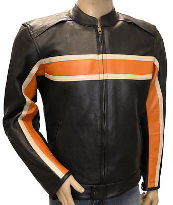 MEN'S VENTED MOTORCYCLE LEATHER JACKET WITH ORANGE STRIPE VENTS & ARMOUR NAKED 