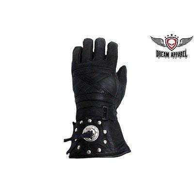 MOTORCYCLE RIDERS INSULATED GAUNTLET LINED GLOVES W/STUDS & CONCHOS VERY SOFT 