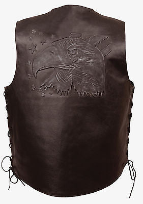 MEN'S MOTORCYCLE SIDE LACE BROWN EAGLE HEAD & STARS BACK EMBOSSED SINGLE PANEL 