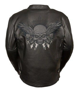 MEN'S MOTORCYCLE REFLECTIVE SKULL LEATHER JACKET WITH WINGS 