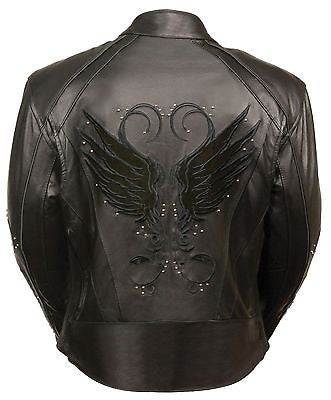 WOMEN'S MOTORCYCLE RIDING BLK LEATHER JACKET W/ STUD & WINGS AND 2 GUNPOCKETS 