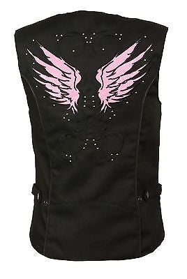 WOMEN'S MOTORCYCLE RIDING PINK TEXTILE VEST W/ STUD & WINGS DETAILING LIGHTWEIGH 