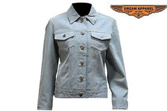 WOMEN'S RIDERS MOTORCYCLE JEAN JACKET WITH STONES DENIM LOOK GENUINE LEATHER