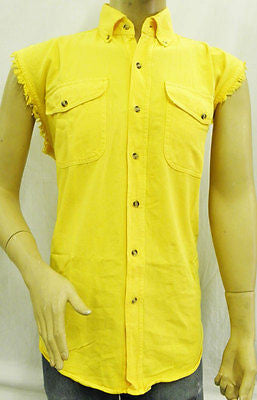 Men's Motorcycle Cotton yellow cut off shirt with fryed Sleeves 