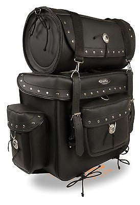 MOTORCYCLE LARGE 2 PC PVC STUDDED TOURING TRAVEL BAG BAR LUGGAGE W/RAIN COVER 