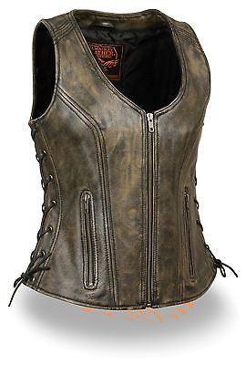 WOMEN'S MOTORCYCLE DISTRESSED LEATHER BROWN VEST W/SIDE LACES & 2GUN POCKETS 