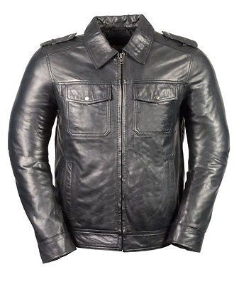 MEN'S CLASSIC GENUINE BLK SHIRT COLLAR STYLE LEATHER JACKET GREAT PRICE 
