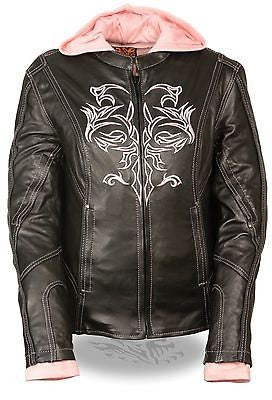 WOMEN'S MOTORCYCLE RIDING BLK/PINK LEATHER JACKET W/REFLECTIVETRIBAL DETAILNAKED 