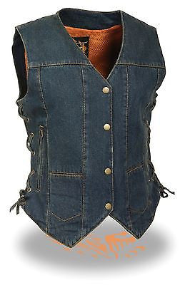 WOMEN'S MOTORCYCLE BLUE 6 POCKET TEXTILE VEST WITH SIDE LACES TWO GUN POCKETS 