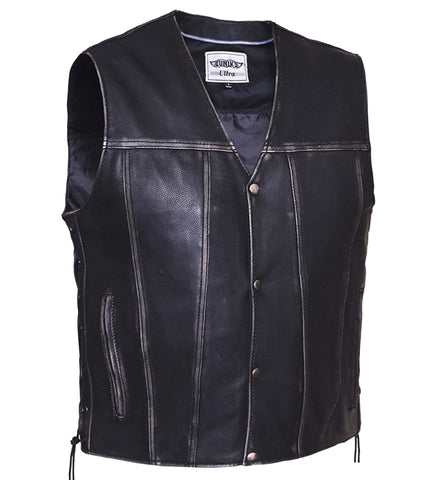 Men's 10 Pocket Blk Rub off patch holder Leather vest with 2 Gun pockets inside 