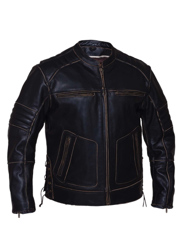 Men's Motorcycle Vintage Rub off Brn Scoter Leather jacket with Side laces & Kidney padding back 