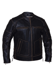 Men's Motorcycle Vintage Rub off Brn Scoter Leather jacket with Side laces & Kidney padding back