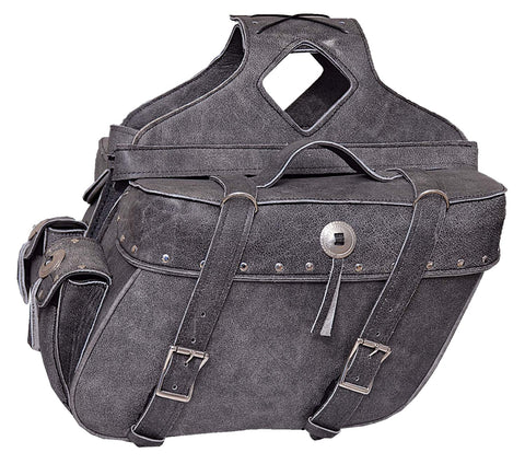 Motorcycle Large Studed 100% Real Leather Distressed Gray 2 Strap Conchos Saddlebag 