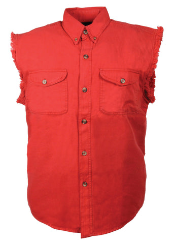 Men's Motorcycle Red Cotton Half Sleeve Cut off shirt with fryed sleeves 