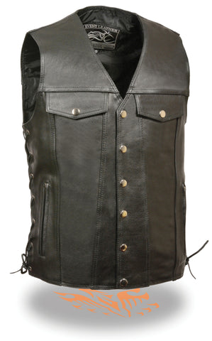 Men's Motorcycle Leather Vest Chest pockets with Side Laces & 2 Gun Pockets inside 