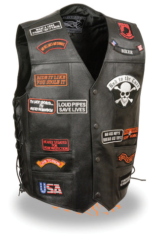 Men's Motorcycle Blk Side Lace Prepatched leather vest with 23 patches 