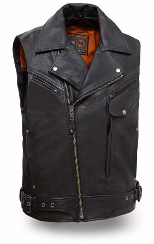 Men's Motorcycle Reckless updated utility leather vest with front pistol pete pocket 