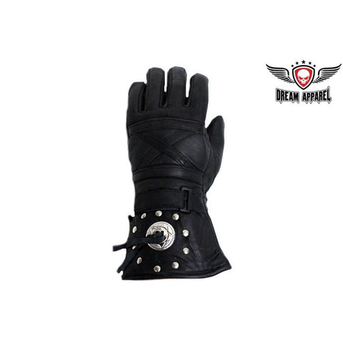 Men's Motorcycle Long Guantlet Lined gloves with Conchos and Studs 
