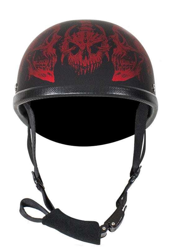 black red skull motorcycle helmet Motorcycle Riding Eagle Flat Novelty Non Dot helmet with Red Horned Sk – Leather Place