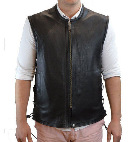 Mens Motorcycle Platinum Butter soft Thick leather seamless vest with High zipper and Laces 