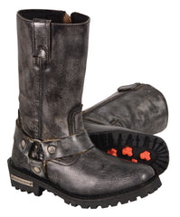 Womens Motorcycle Distressed Grey Leather 11 inch classic Boot with Side Zipper
