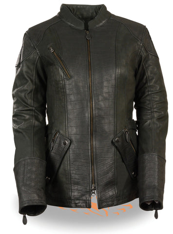 WOMEN'S MOTORCYCLE RIDING BLK LEATHER EMBOSSED PRINT JACKET WITH 2 GUN POCKETS 