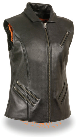 Women's Motorcycle Extra Long zipper leather vest w/2 Gun pockets 