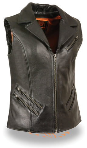 Women's Motorcycle Lapel Collar zipper leather vest w/2 Gun pockets 