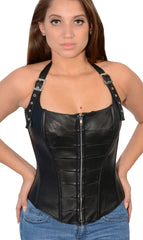 WOMENS BLK SEXY BUSTIER CORSET LINGERINE WITH Halter top and buckled straps