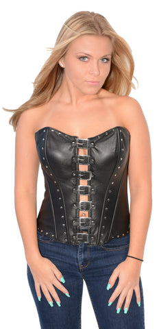 WOMENS BLK SEXY BUSTIER FITTED CORSET WITH Buckle front & studded 