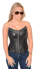 Women's blk sexy bustier leather corset with spiked studs and front zipper